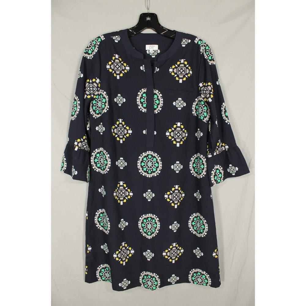 CROWN & IVY Blue CREPE 1/4 Button BELL SLEEVES Pocket BOHEMIAN Shift Dress Sz 8